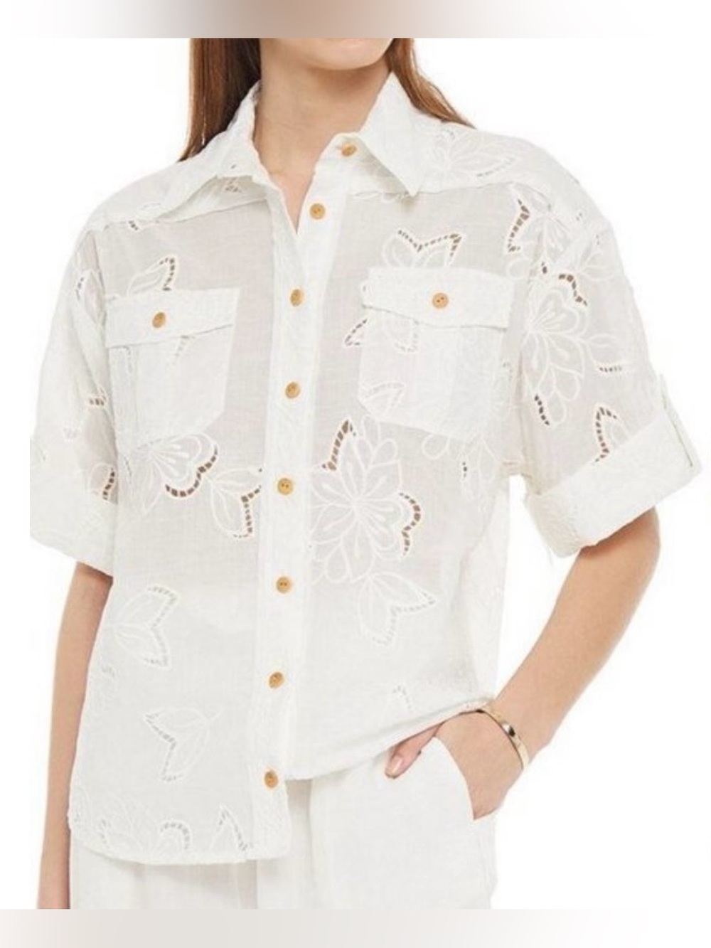 ZIMMERMANN Kirra Embroidery Safari Shirt Ivory Eyelet Cotton Blouse AU 3 US 10